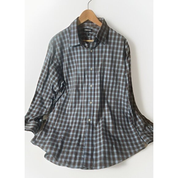 Lands End Men's 17 33 Button down Shirt 100% Supima Pinpoint Blue/red/ Plaid.  J - Picture 1 of 6